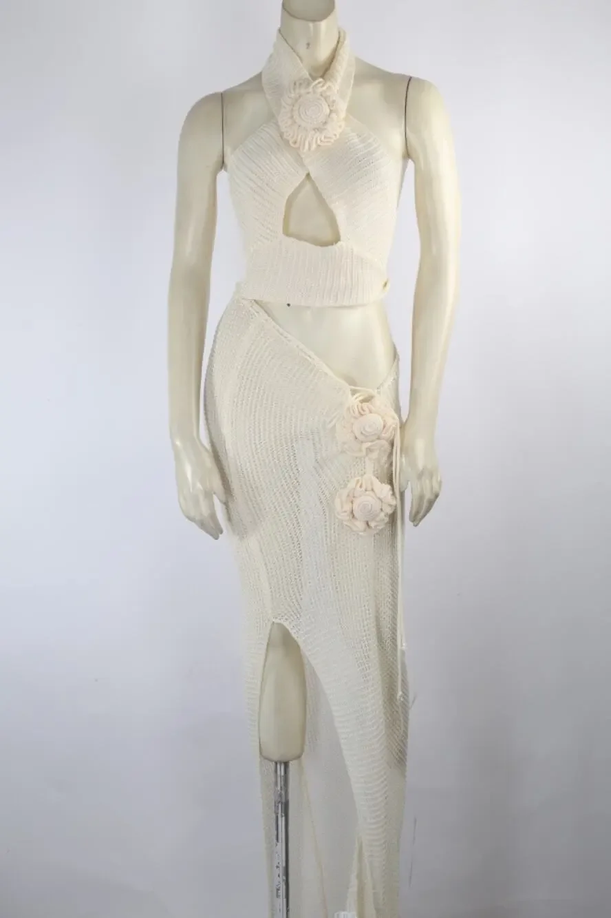 Cream Knit 2 Pc Set S Halter Keyhole Crop Top Asymmetric Slit Maxi Skirt